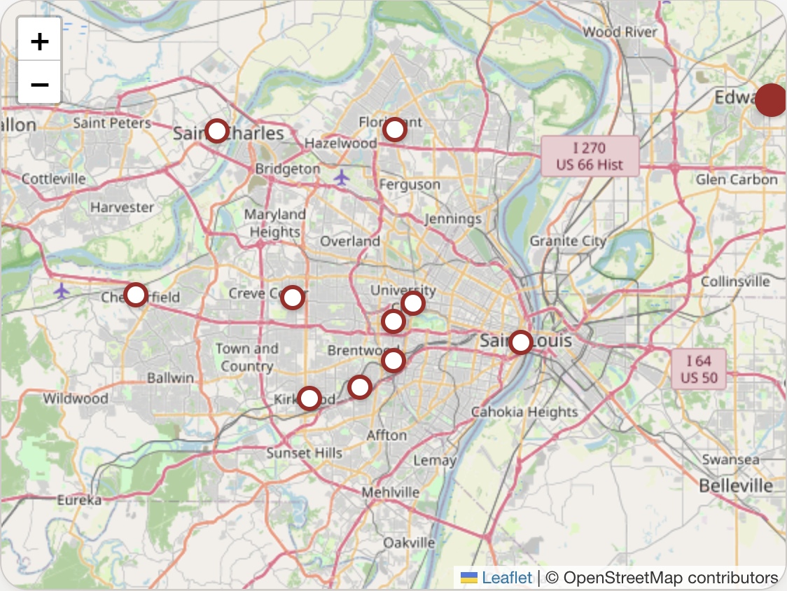 Map of the St. Louis metro areas Thompson Flaherty serves, from St. Charles to Edwardsville